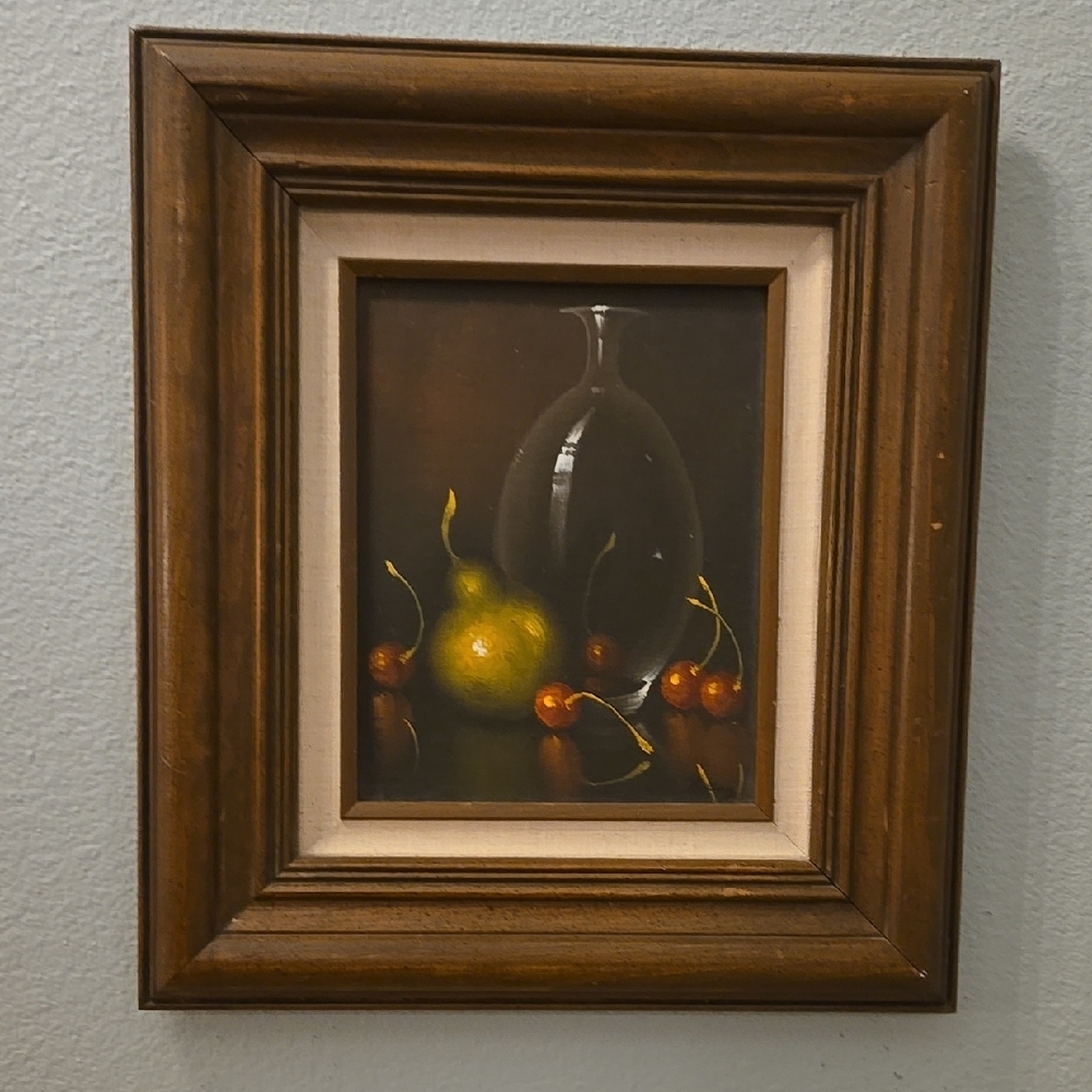 Vintage Pear and Cherry Still Life Oil Painting